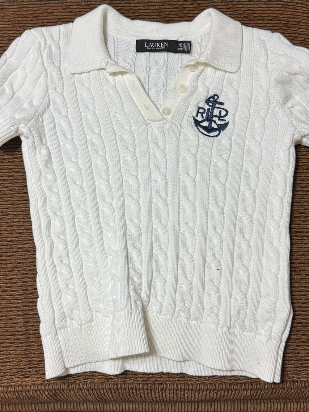 Ralph Lauren Kids Cream Cable-Knit Polo Sweater with Navy Anchor Crest